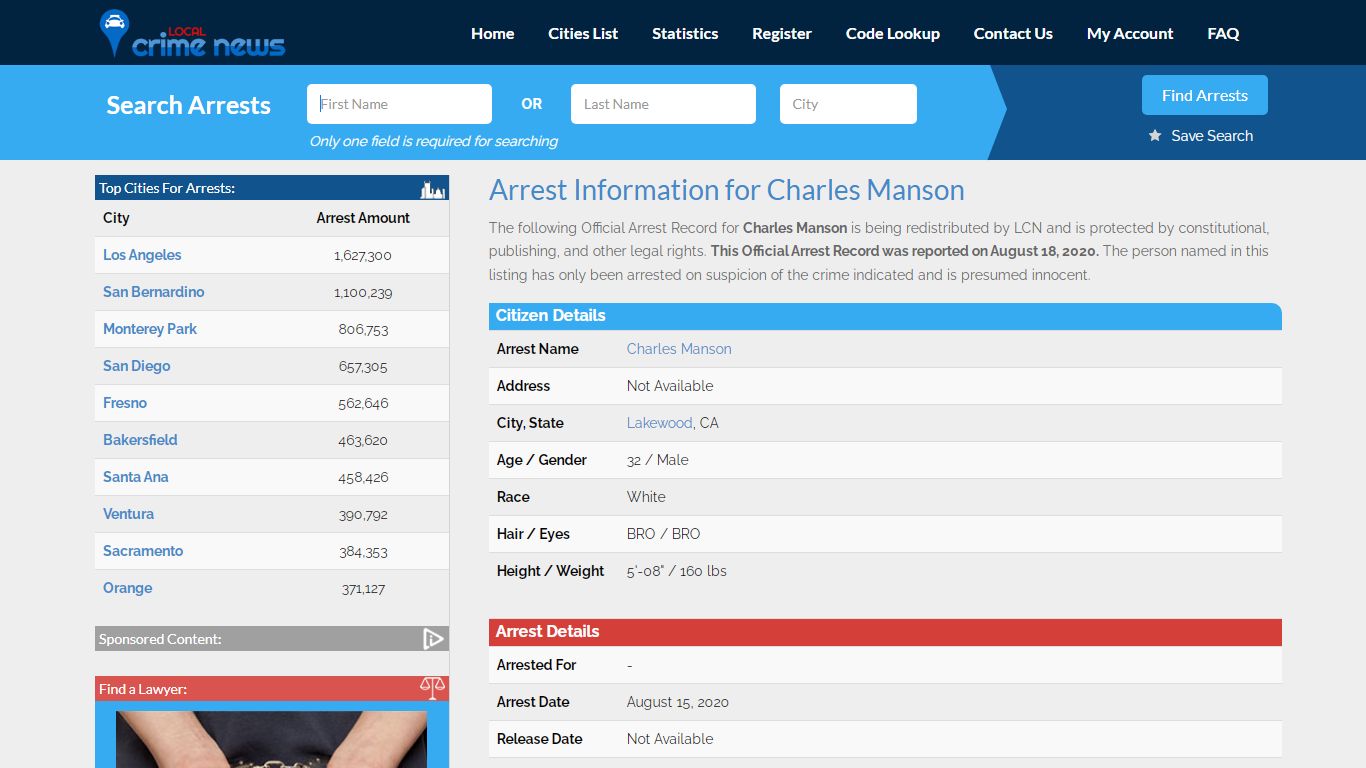 Charles Manson Arrest Record Details | Local Crime News in Los Angeles ...